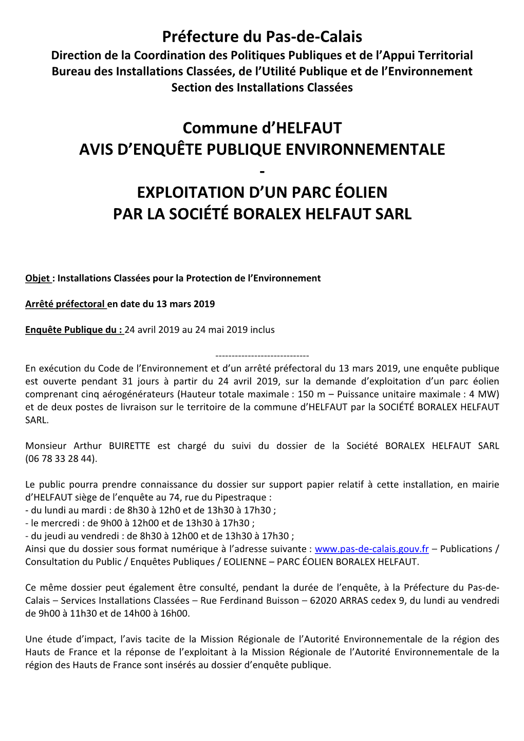 Enquête Publique Environnementale - Exploitation D’Un Parc Éolien Par La Société Boralex Helfaut Sarl