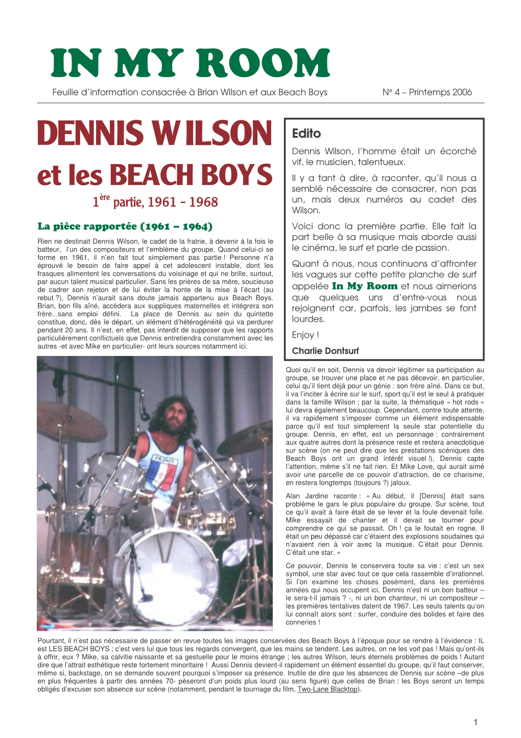 IN MY ROOM Feuille D’Information Consacrée À Brian Wilson Et Aux Beach Boys N° 4 – Printemps 2006
