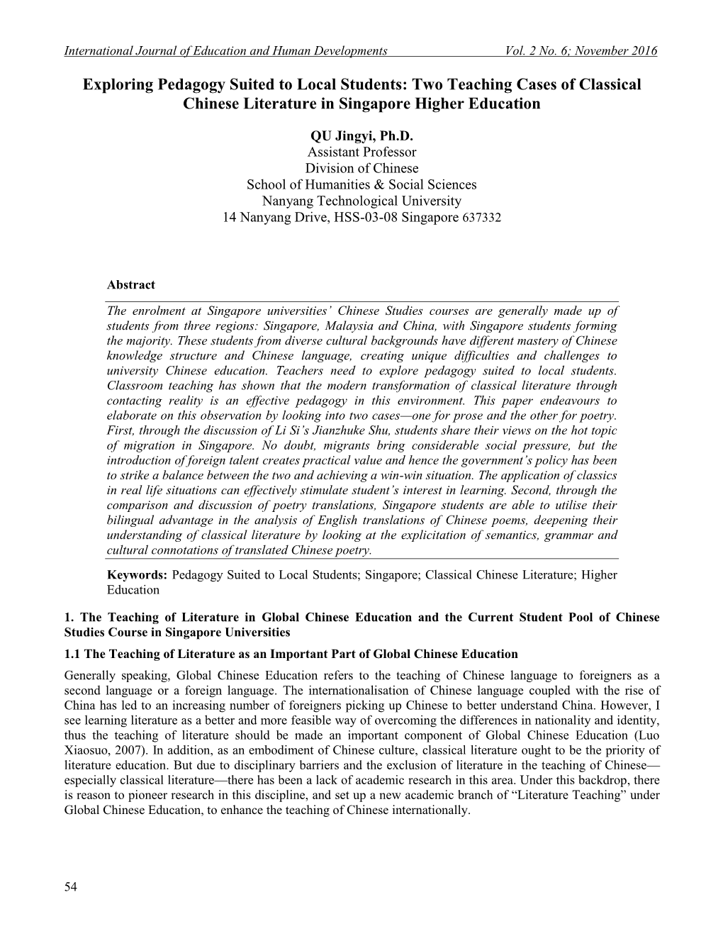 Exploring Pedagogy Suited to Local Students: Two Teaching Cases of Classical Chinese Literature in Singapore Higher Education