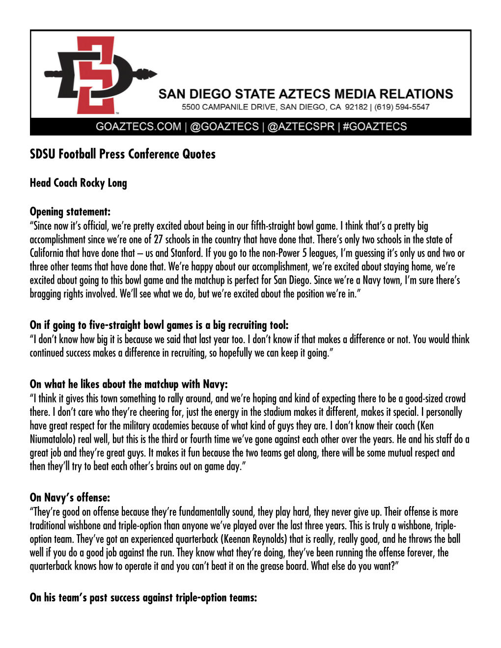 SDSU Football Press Conference Quotes