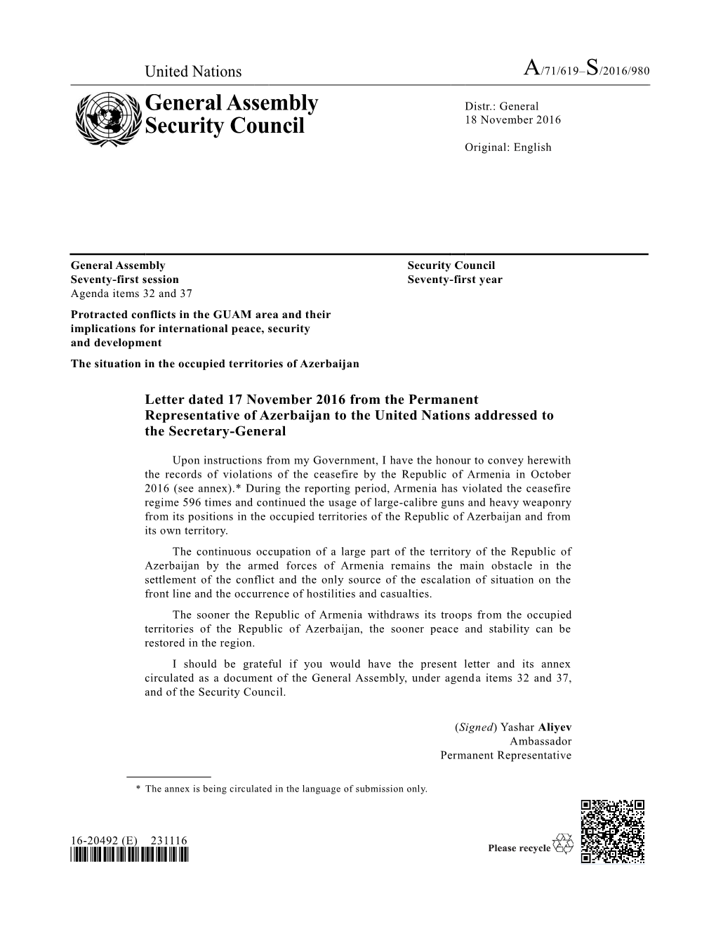 General Assembly Security Council Seventy-First Session Seventy-First Year Agenda Items 32 and 37