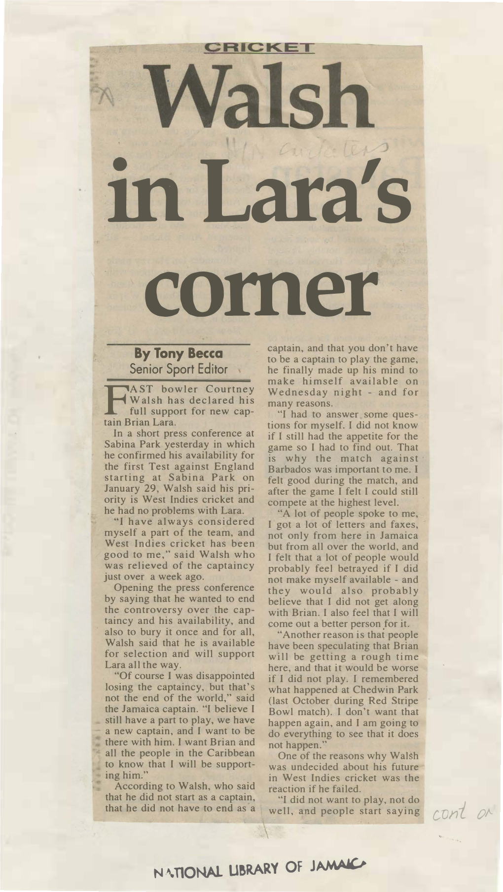 Walsh in Lara's Corner. by Tony Becca. the Gleaner