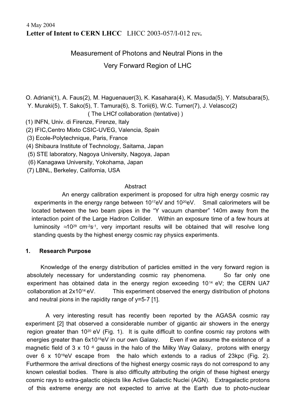 Letter of Intent to CERN LHCC LHCC 2003-057/I-012 Rev