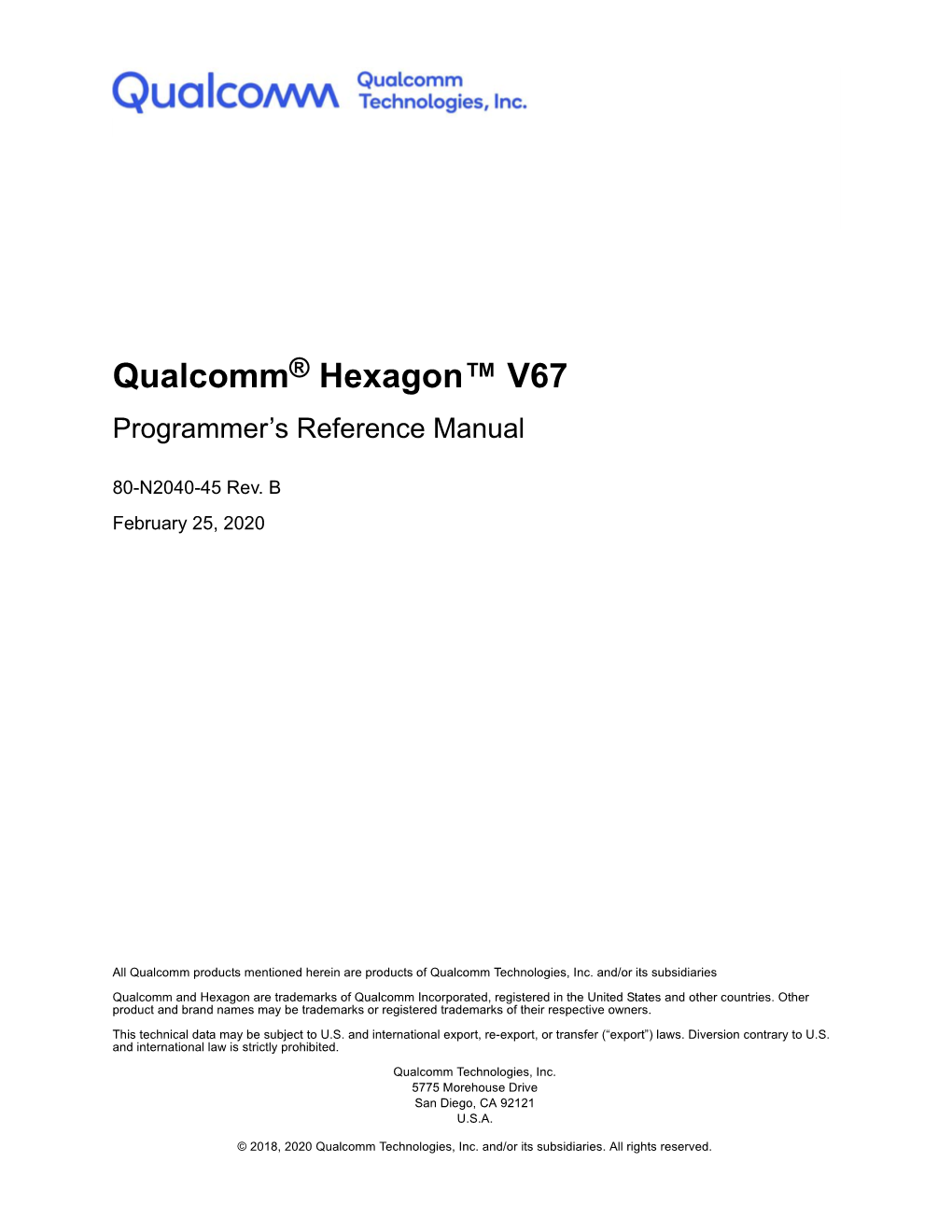 Qualcomm Hexagon V67 Programmer's Reference Manual