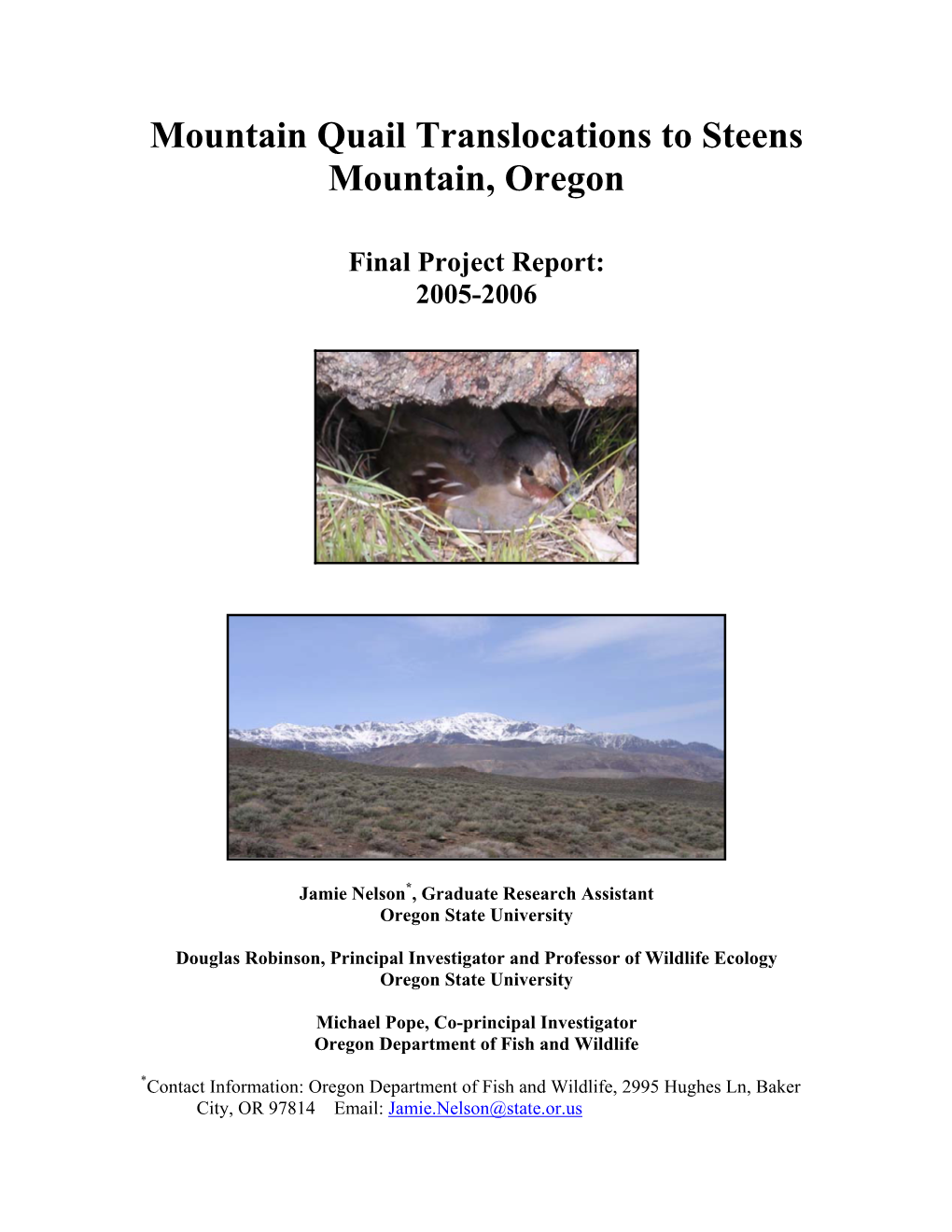 Mountain Quail Translocations to Steens Mountain, Oregon