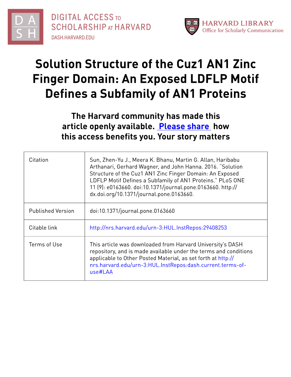 Solution Structure of the Cuz1 AN1 Zinc Finger Domain: an Exposed LDFLP Motif Defines a Subfamily of AN1 Proteins