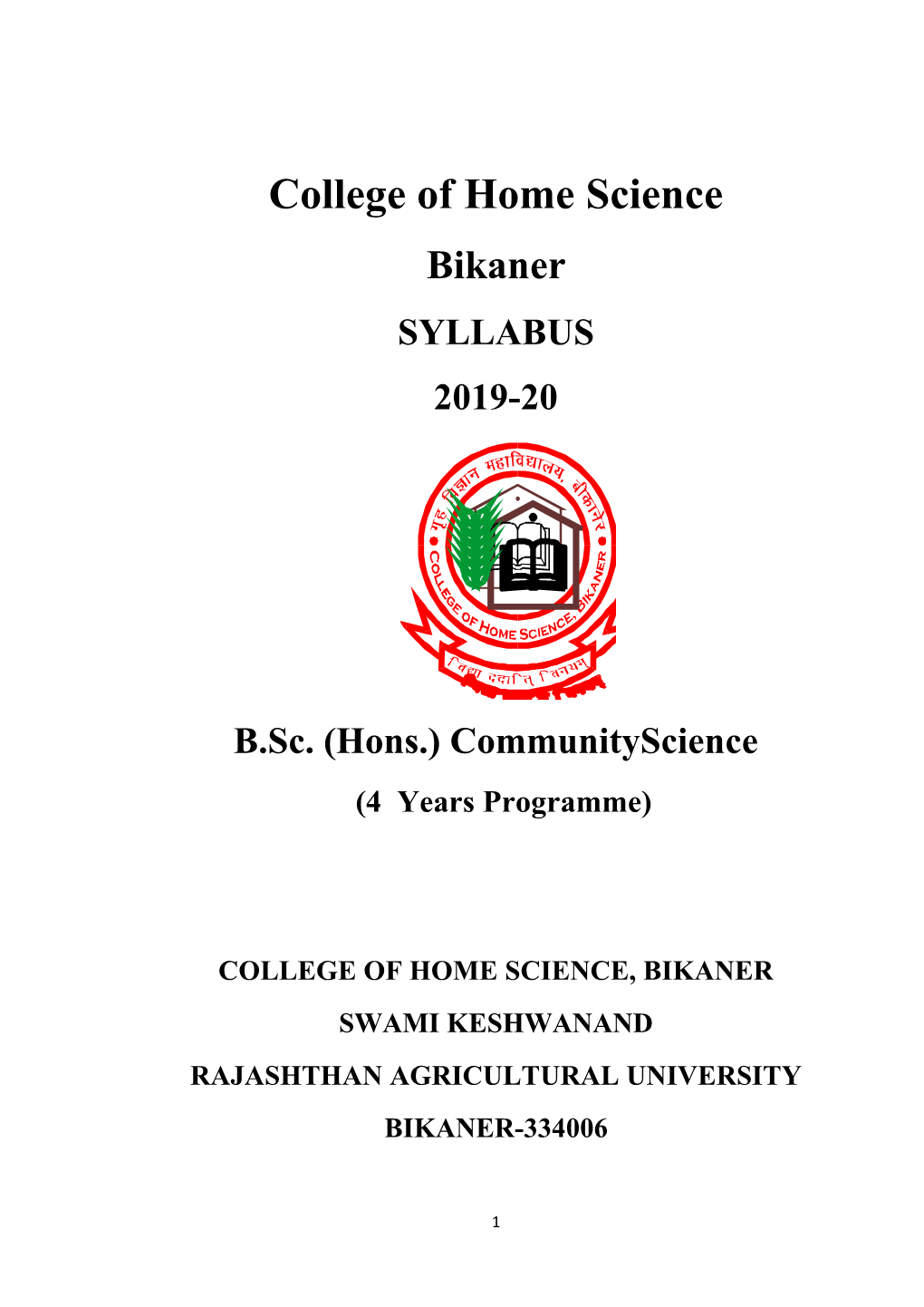 College of Home Science Bikaner SYLLABUS 2019-20