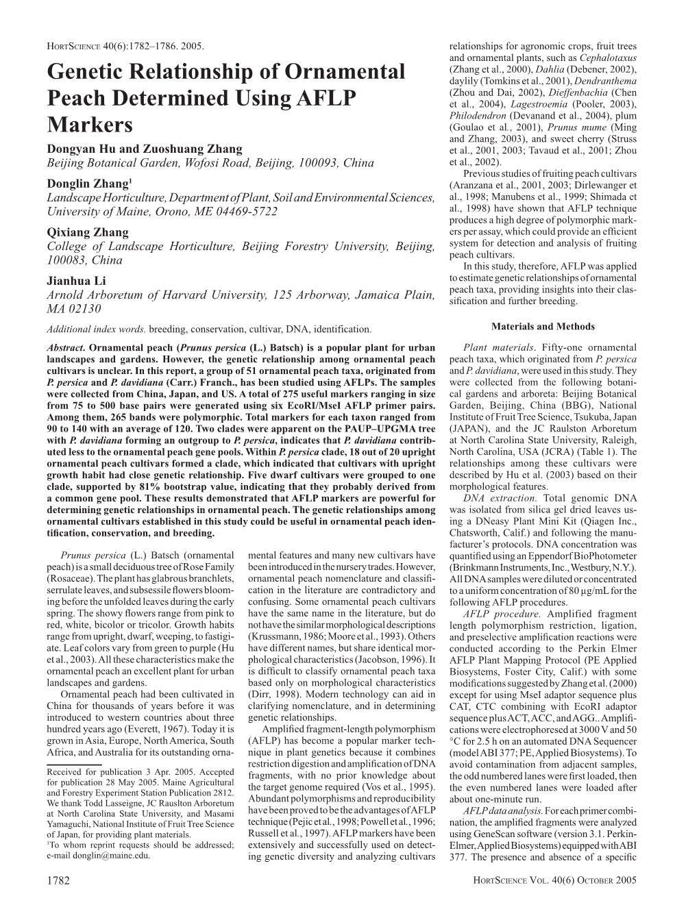 Genetic Relationship of Ornamental Peach Determined Using AFLP