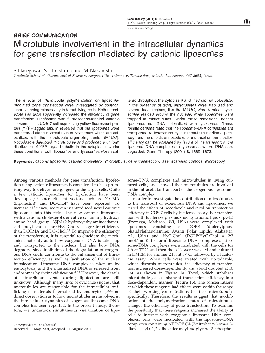 Microtubule Involvement in the Intracellular Dynamics for Gene Transfection Mediated by Cationic Liposomes