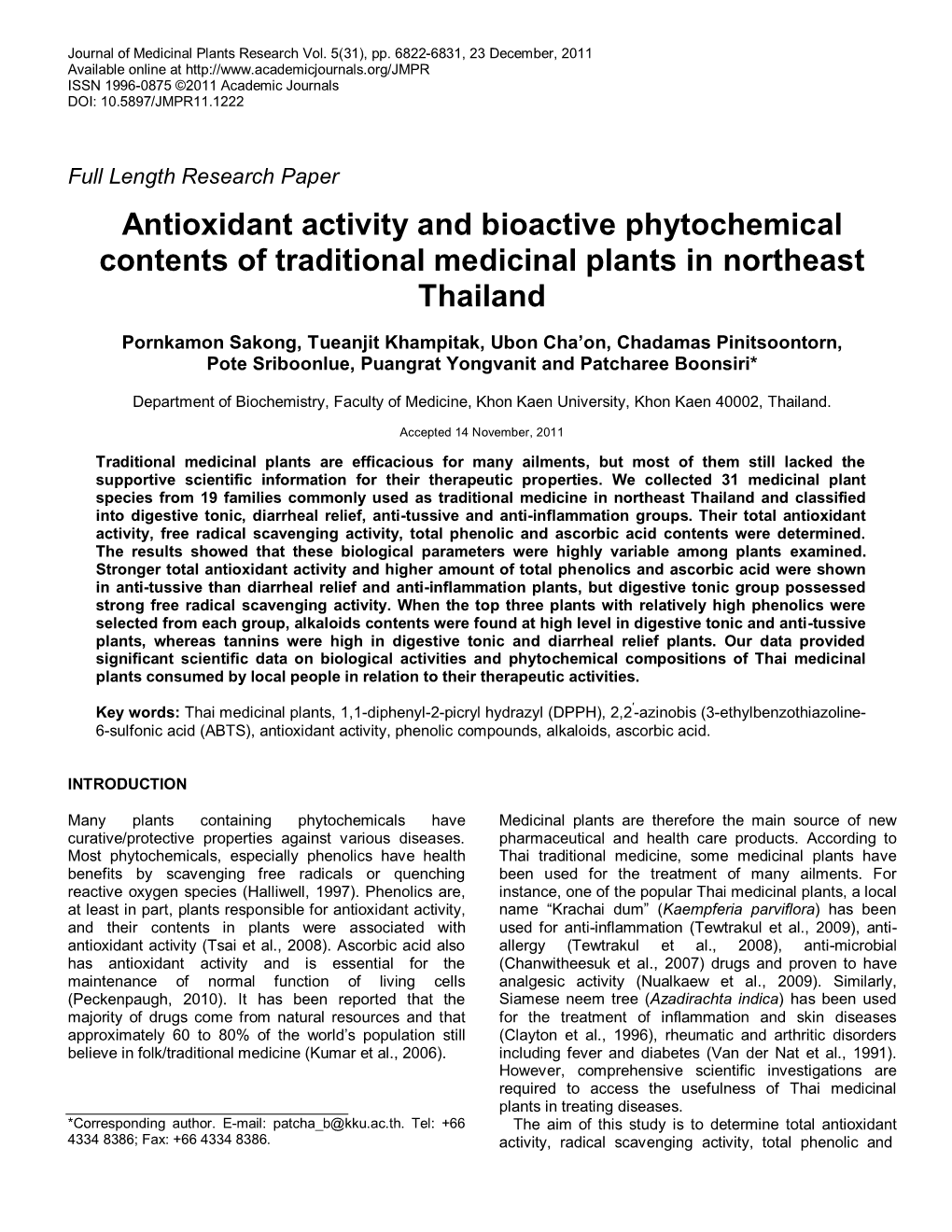 Antioxidant Activity and Bioactive Phytochemical Contents of Traditional Medicinal Plants in Northeast Thailand