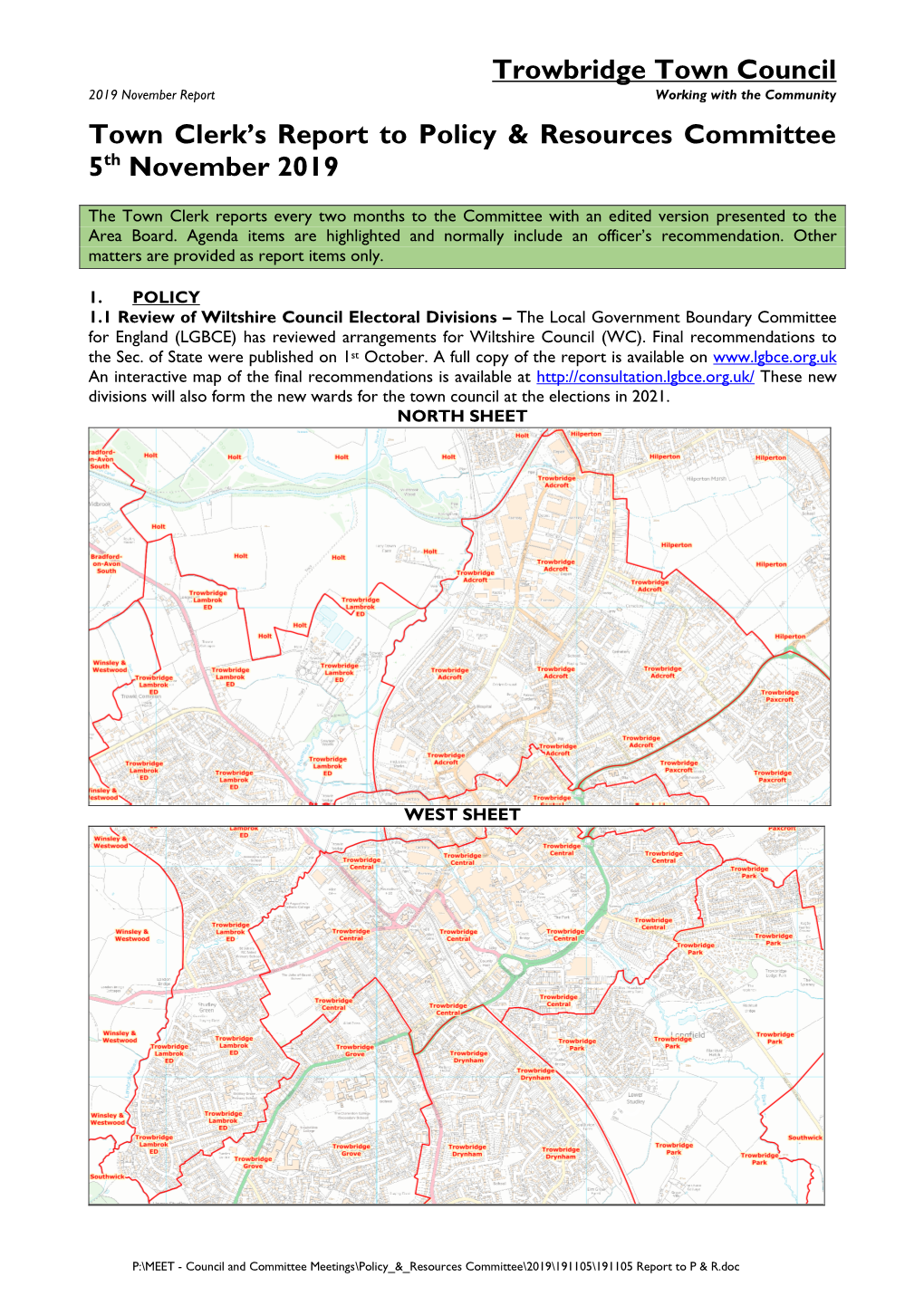 Trowbridge Town Council Town Clerk's Report to Policy & Resources Committee 5Th November 2019