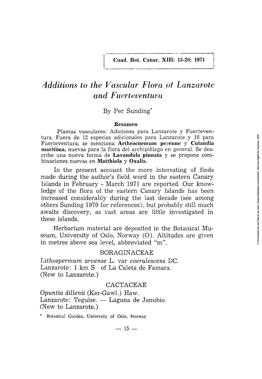 Additions to the Vascular Flora of Lanzarote and Fuerteventura