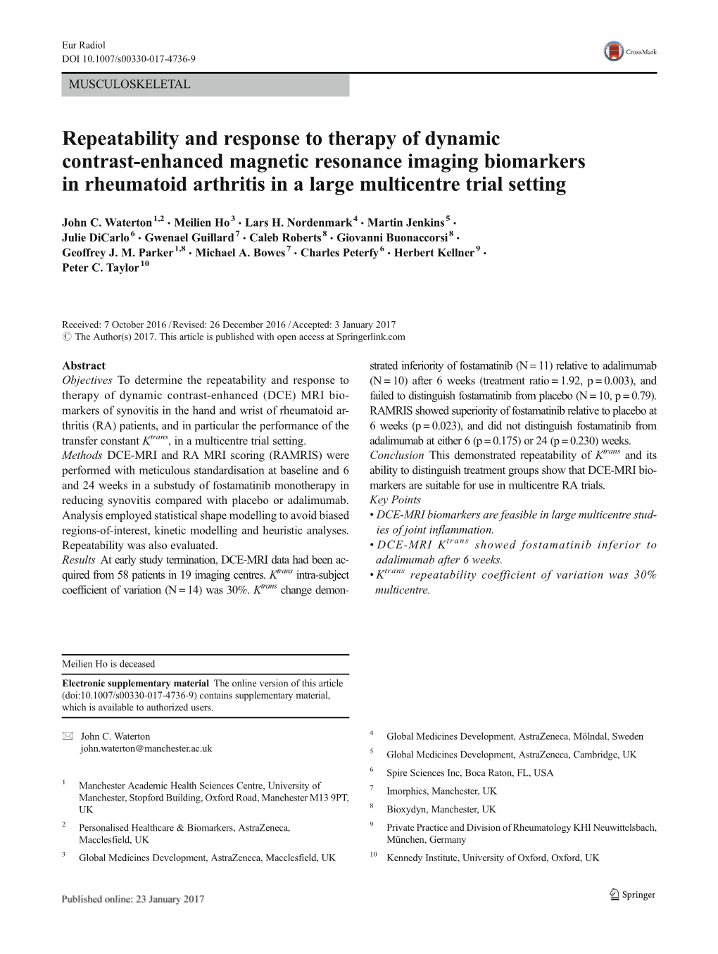 Repeatability and Response to Therapy of Dynamic Contrast-Enhanced Magnetic Resonance Imaging Biomarkers in Rheumatoid Arthritis in a Large Multicentre Trial Setting