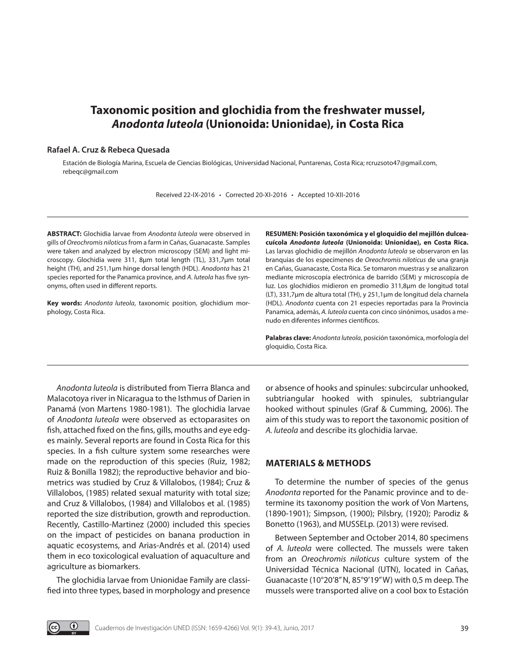 Taxonomic Position and Glochidia from the Freshwater Mussel, Anodonta Luteola (Unionoida: Unionidae), in Costa Rica