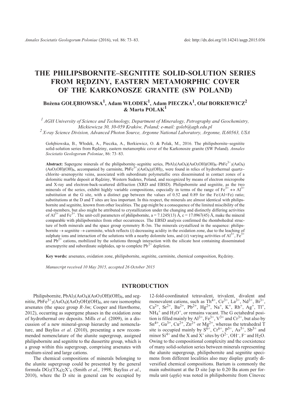 The Philipsbornite–Segnitite Solid-Solution Series from Rêdziny, Eastern Metamorphic Cover of the Karkonosze Granite (Sw Poland)