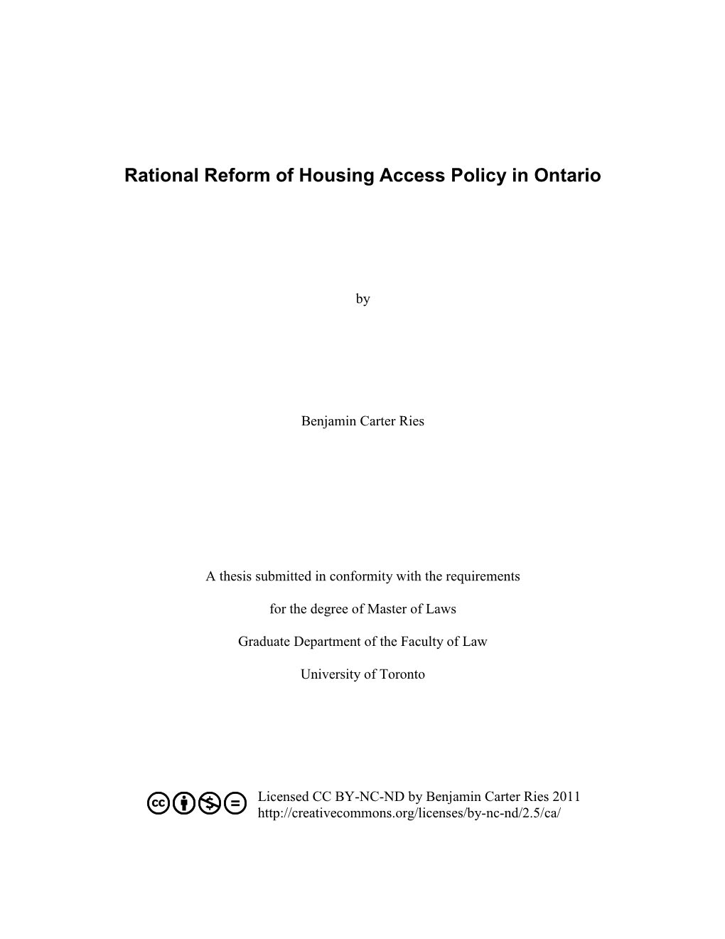 Rational Reform of Housing Access Policy in Ontario