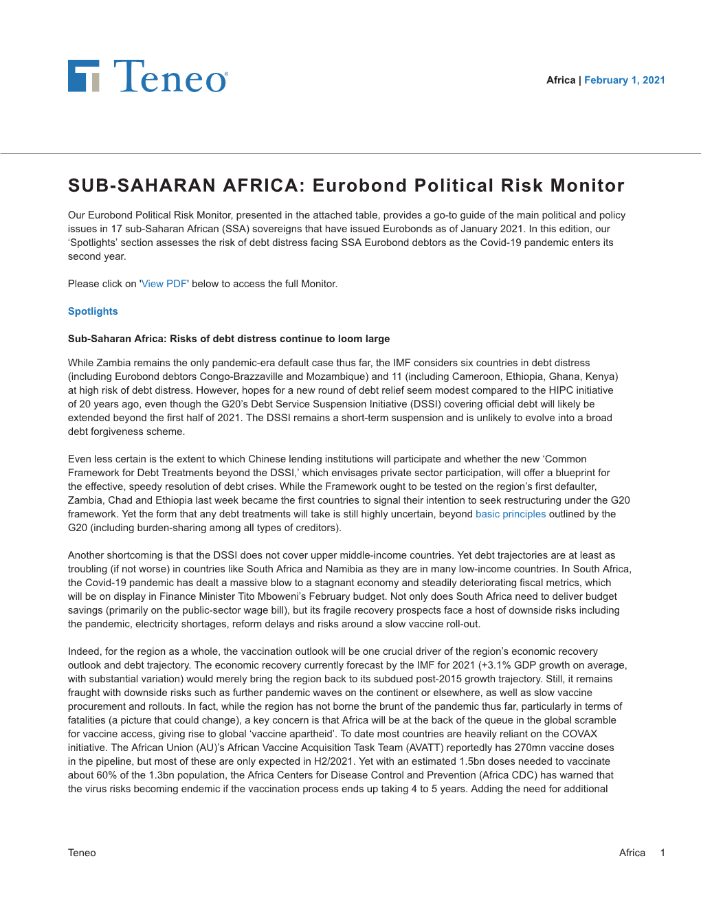 SUB-SAHARAN AFRICA: Eurobond Political Risk Monitor