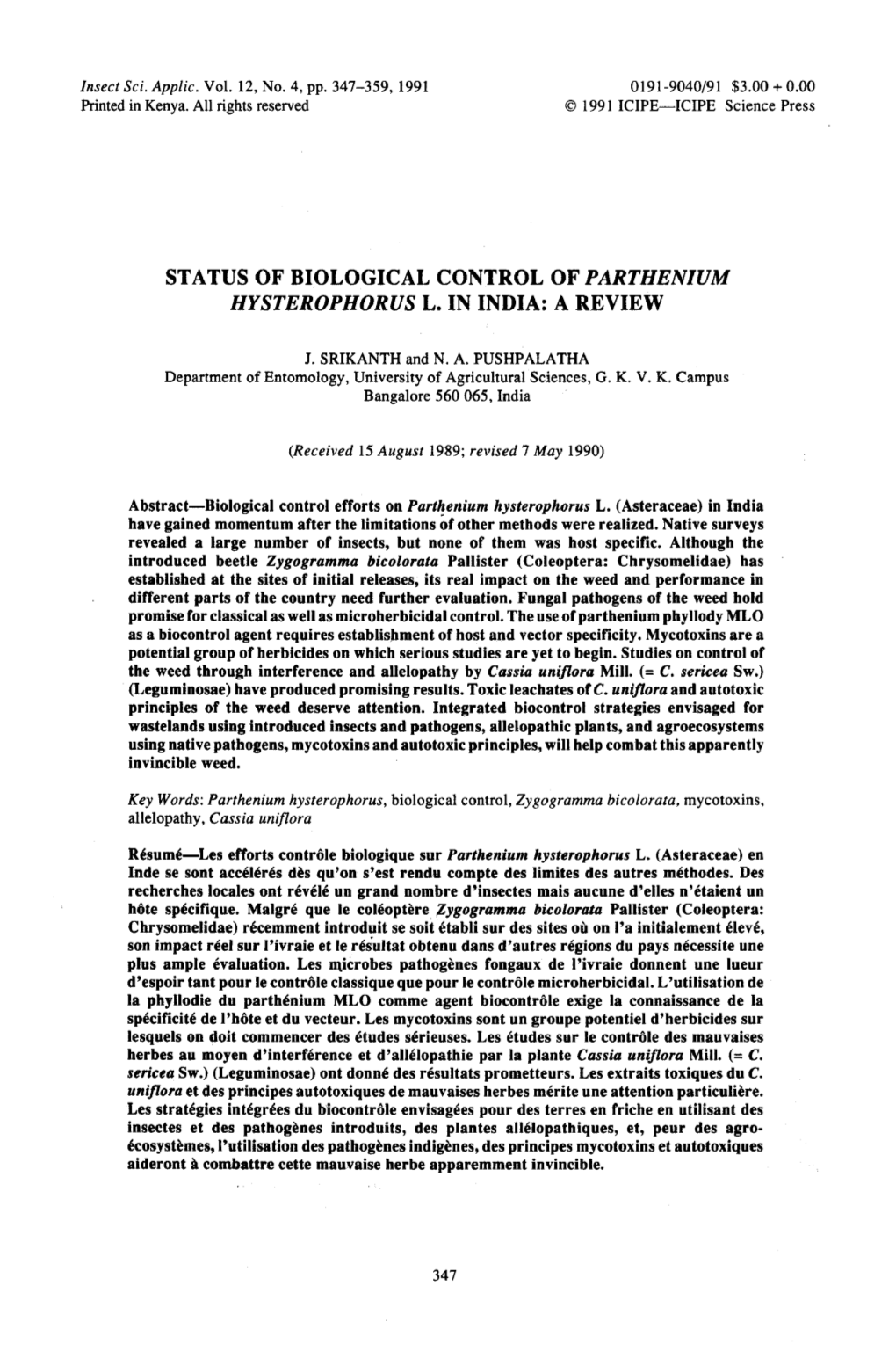 Status of Biological Control of Parthenium Size