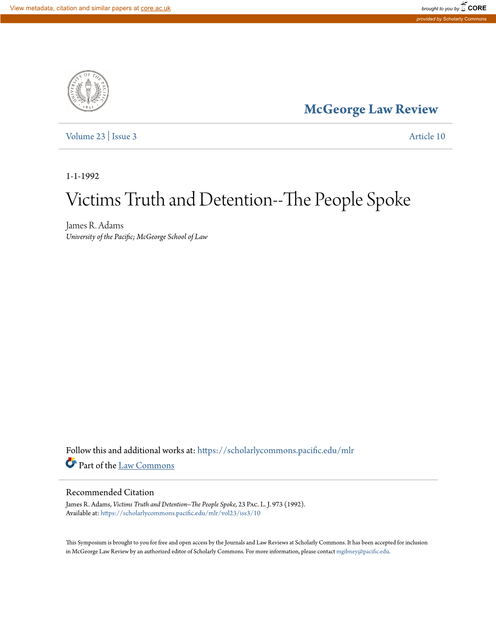 Victims Truth and Detention--The Eoplep Spoke James R