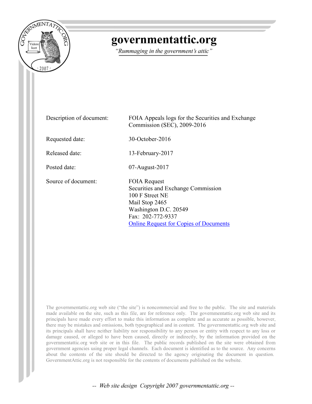 FOIA Appeals Logs for the Securities and Exchange Commission (SEC), 2009-2016