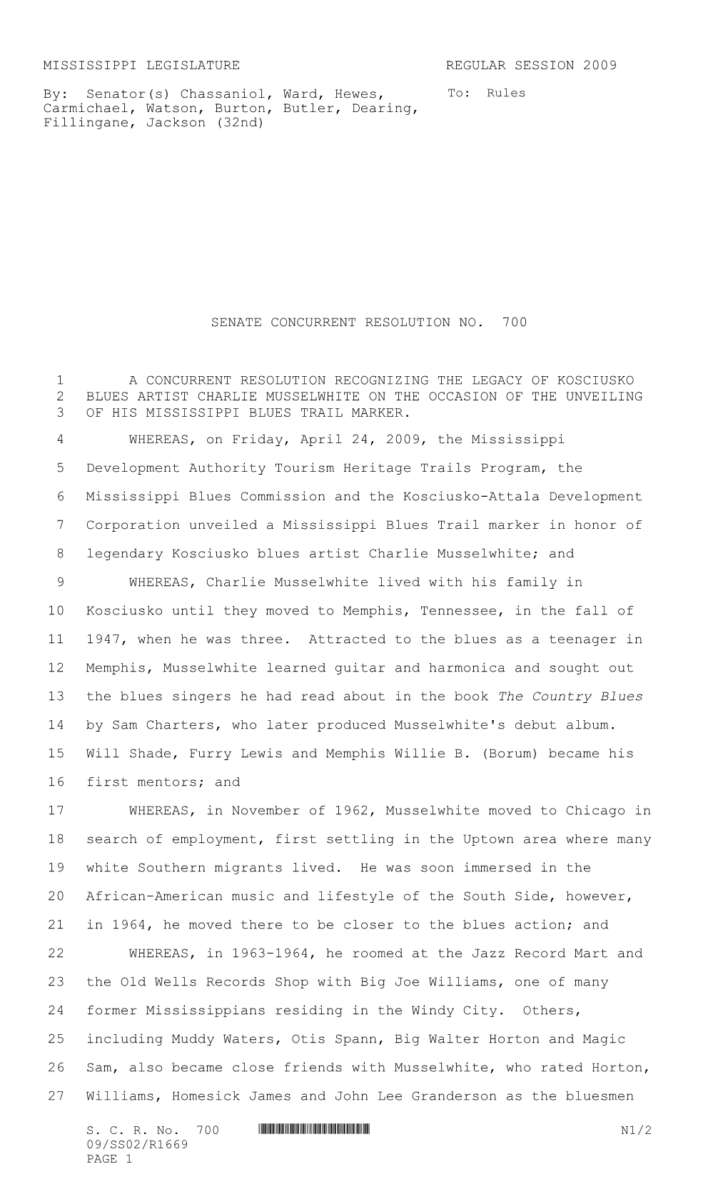 MISSISSIPPI LEGISLATURE REGULAR SESSION 2009 By