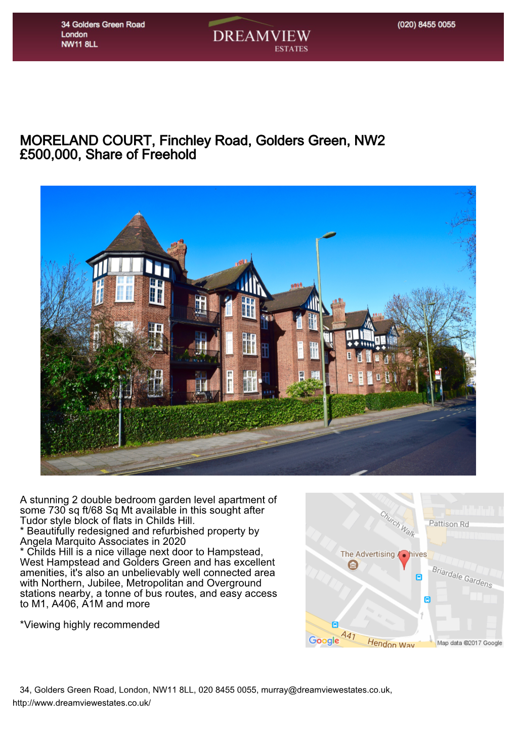 MORELAND COURT, Finchley Road, Golders Green, NW2 £500,000, Share of Freehold
