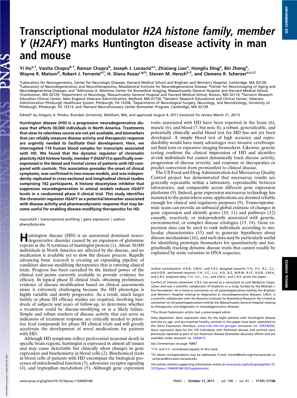 (H2AFY) Marks Huntington Disease Activity in Man and Mouse