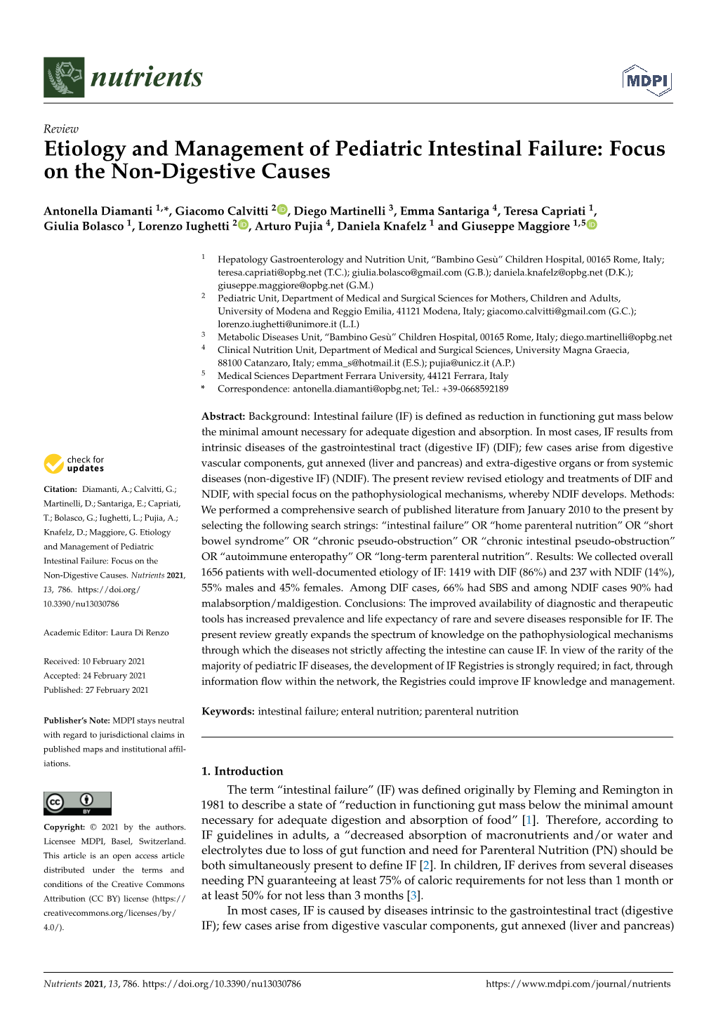 Etiology and Management of Pediatric Intestinal Failure: Focus on the Non-Digestive Causes