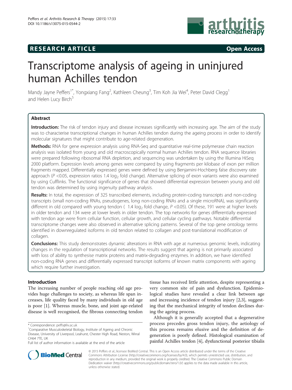 Transcriptome Analysis of Ageing in Uninjured Human Achilles Tendon