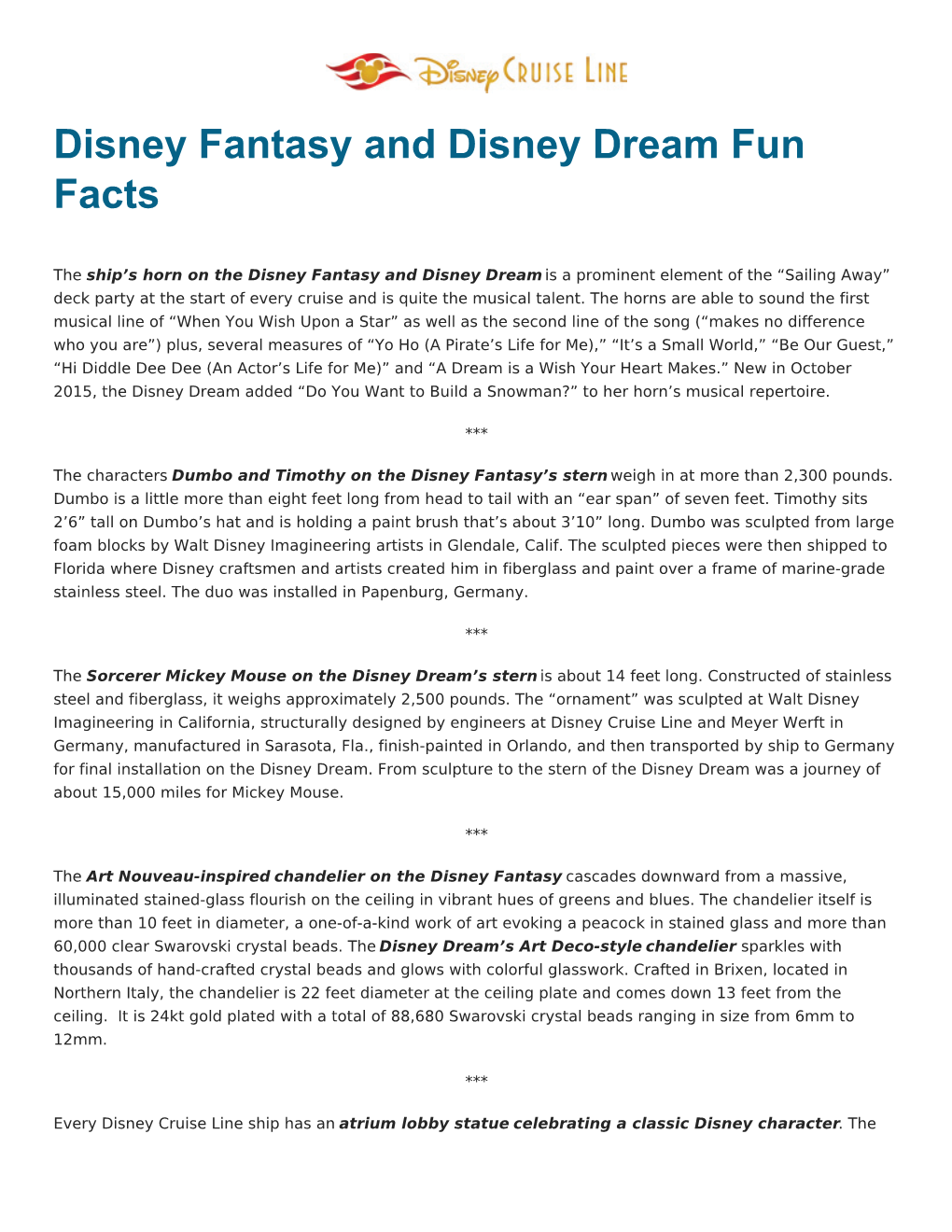 Disney Fantasy and Disney Dream Fun Facts