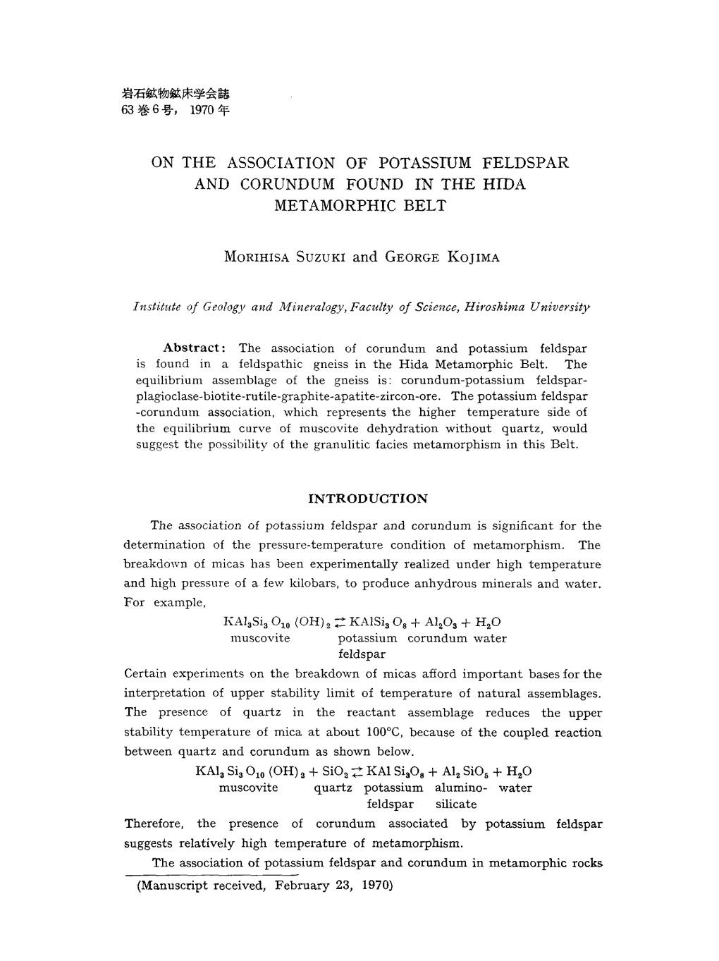 ON the ASSOCIATION of POTASSIUM FELDSPAR and CORUNDUM FOUND in the HIDA METAMORPHIC BELT Institute of Geology and Mineralogy, Fa