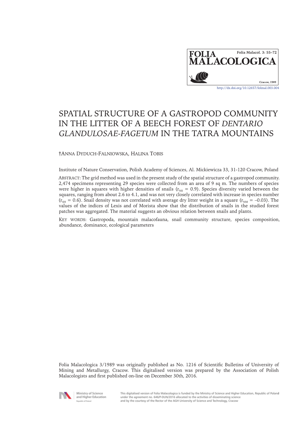 Spatial Structure of a Gastropod Community in the Litter of a Beech Forest of Dentario Glandulosae-Fagetum in the Tatra Mountains