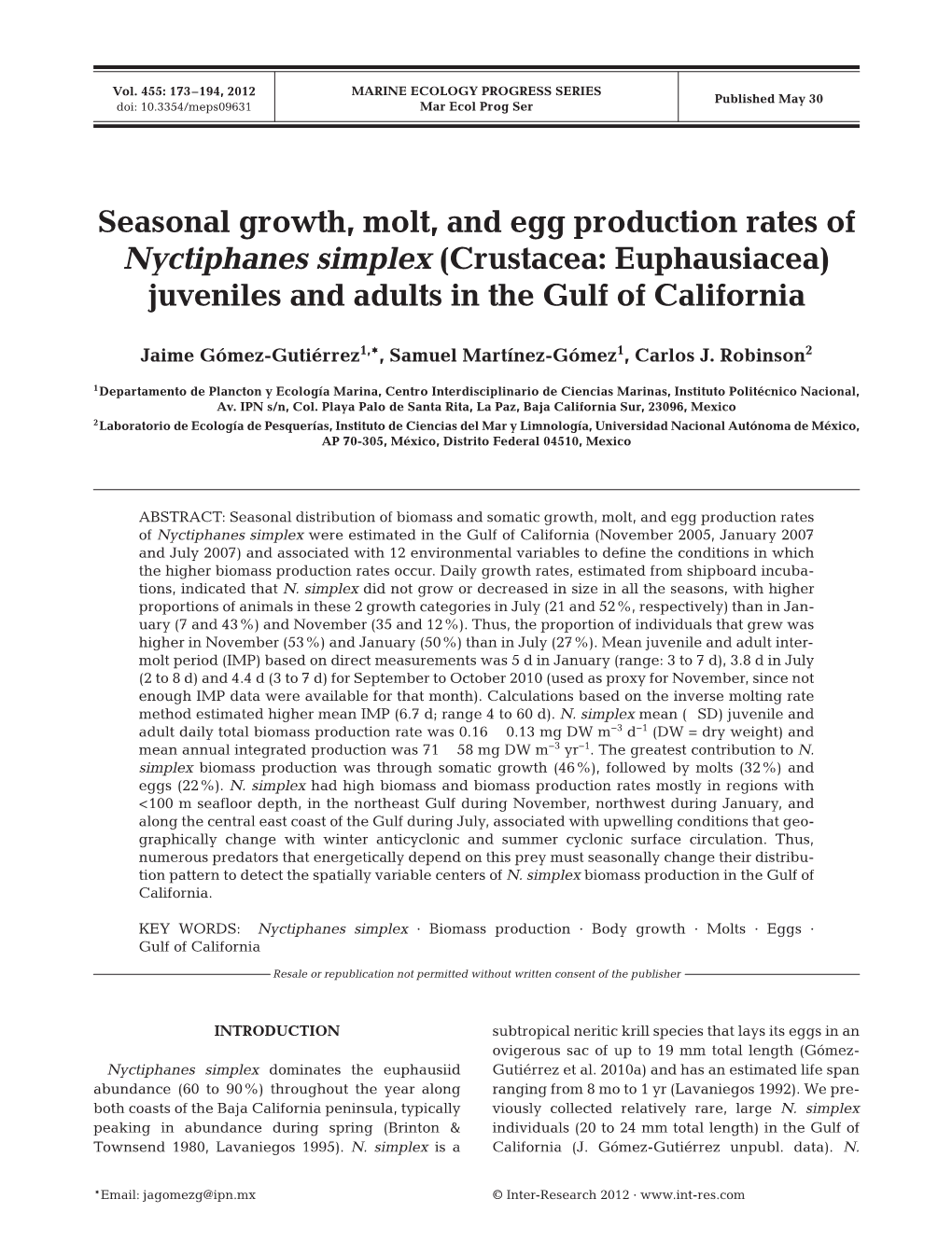 Seasonal Growth, Molt, and Egg Production Rates of Nyctiphanes Simplex (Crustacea: Euphausiacea) Juveniles and Adults in the Gulf of California