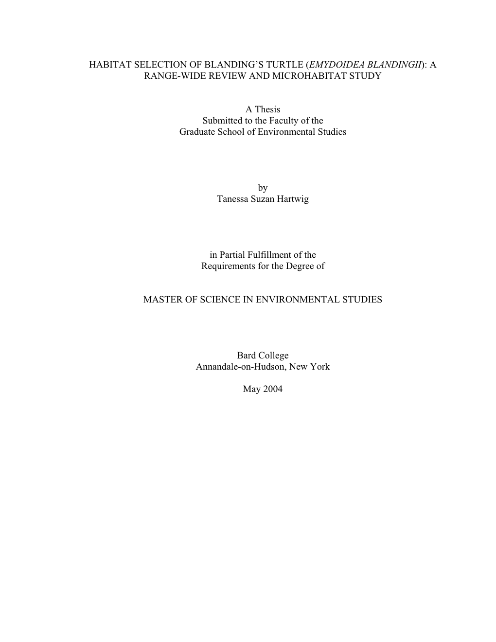 Habitat Selection of Blanding's Turtle \(Emydoidea Blandingii\): a Range-Wide Review and Microhabitat Study