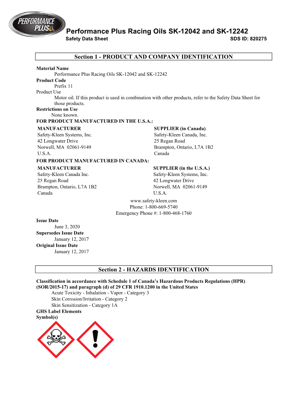 Performance Plus Racing Oils SK-12042 and SK-12242 Safety Data Sheet SDS ID: 820275