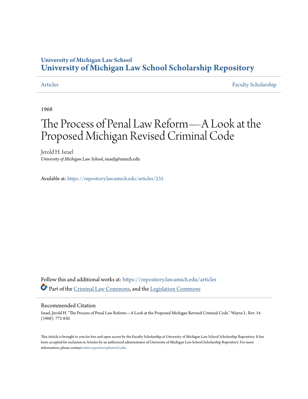 The Process of Penal Law Reform—A Look at the Proposed Michigan