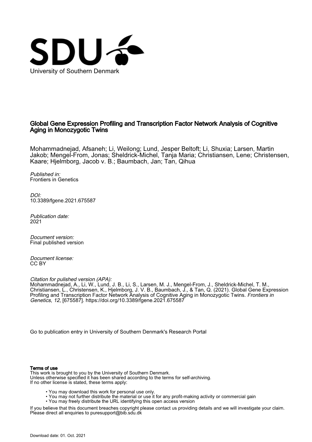 Global Gene Expression Profiling and Transcription Factor Network Analysis of Cognitive Aging in Monozygotic Twins