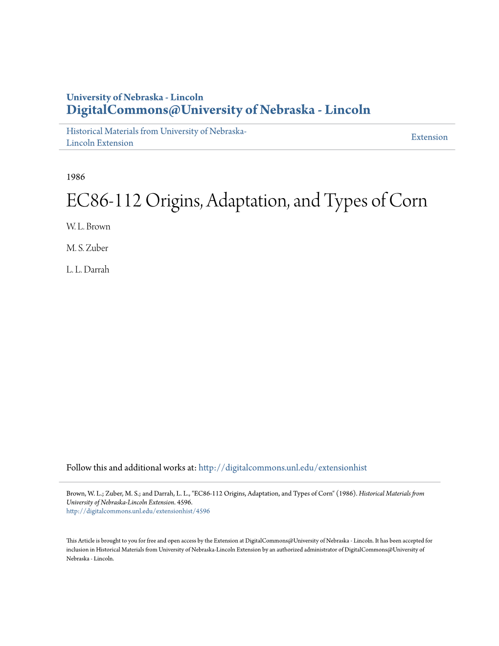 EC86-112 Origins, Adaptation, and Types of Corn W