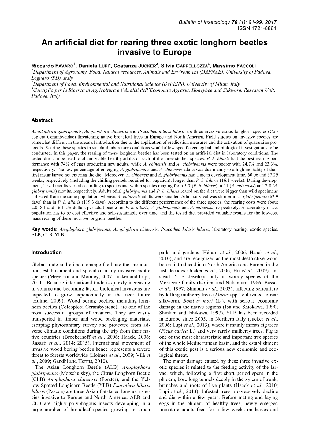 An Artificial Diet for Rearing Three Exotic Longhorn Beetles Invasive to Europe