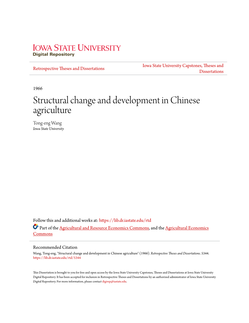 Structural Change and Development in Chinese Agriculture Tong-Eng Wang Iowa State University