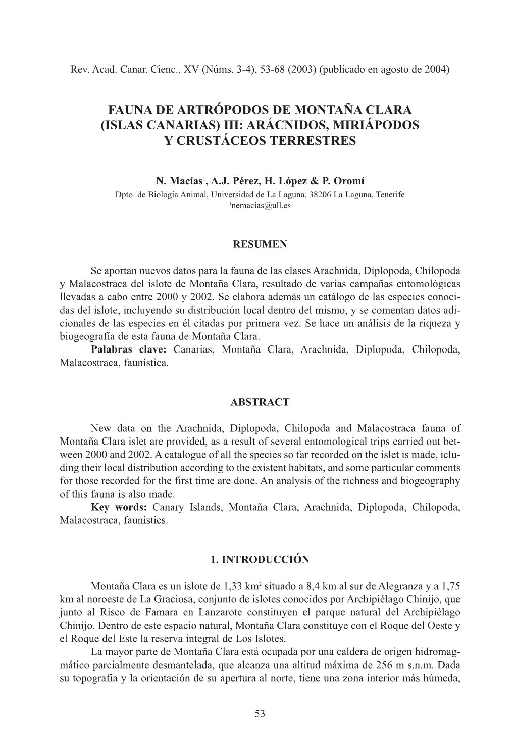 Fauna De Artrópodos De Montaña Clara (Islas Canarias) Iii: Arácnidos, Miriápodos Y Crustáceos Terrestres