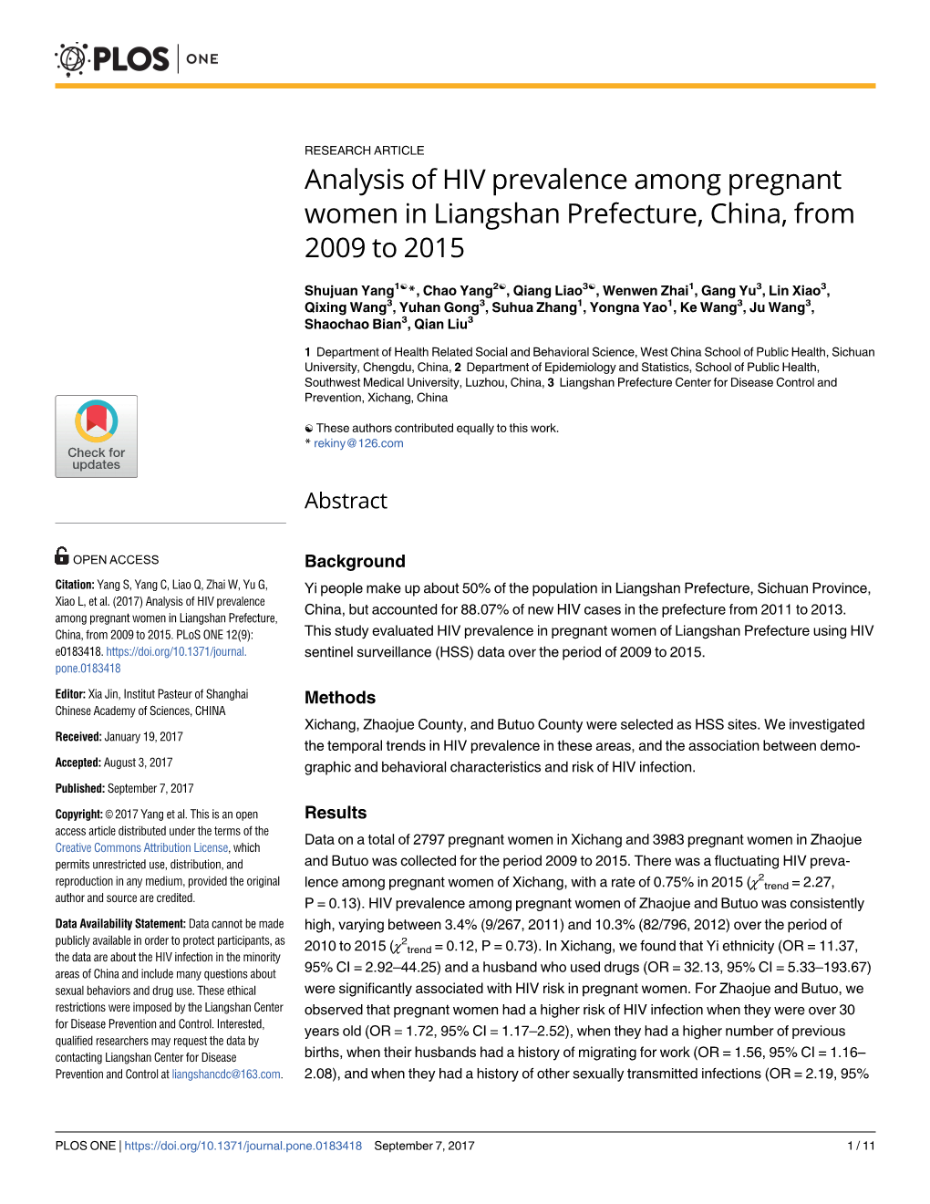 Analysis of HIV Prevalence Among Pregnant Women in Liangshan Prefecture, China, from 2009 to 2015