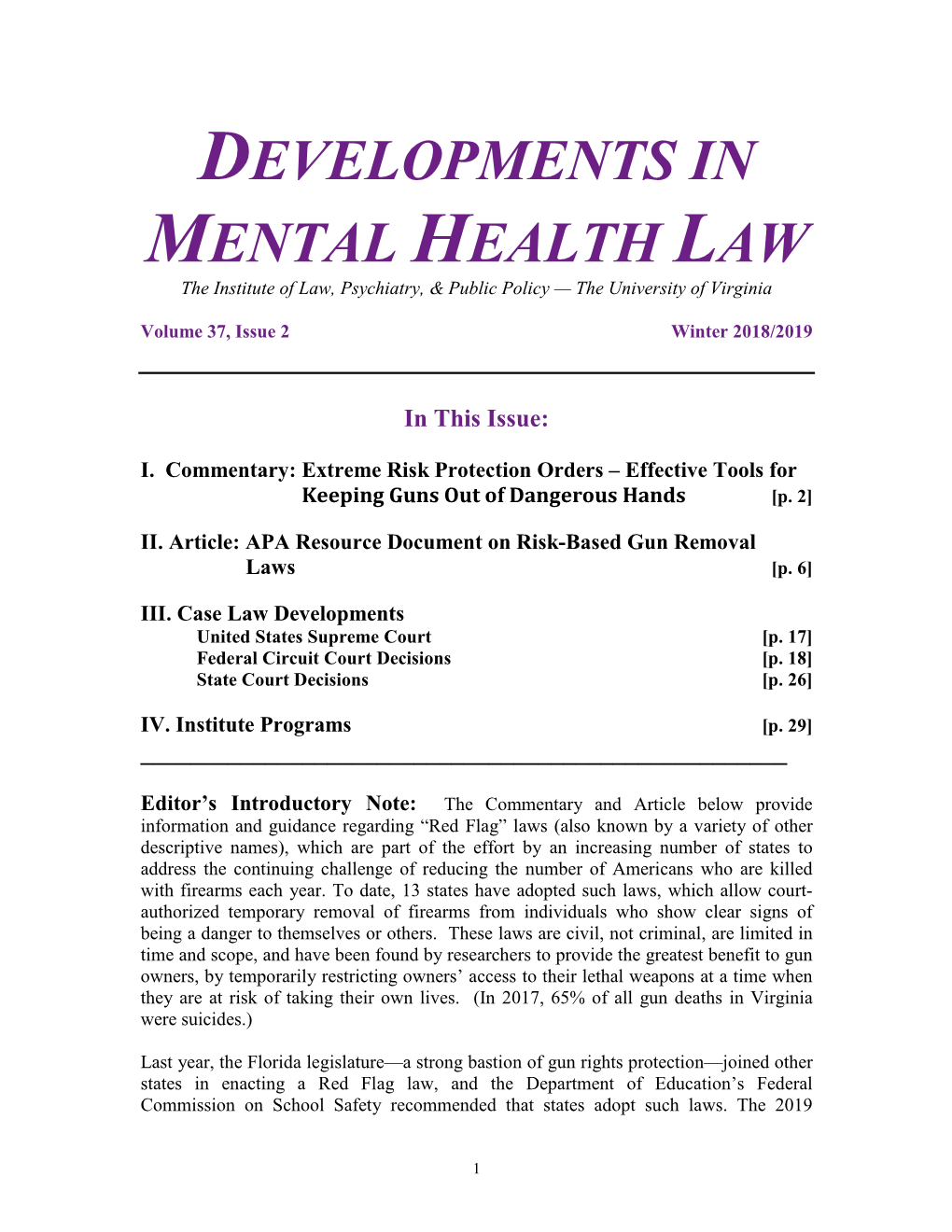 I. Commentary: Extreme Risk Protection Orders – Effective Tools for Keeping Guns out of Dangerous Hands [P