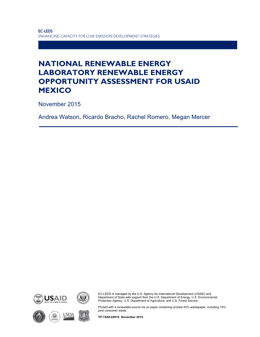 National Renewable Energy Laboratory Renewable Energy Opportunity Assessment for Usaid Mexico