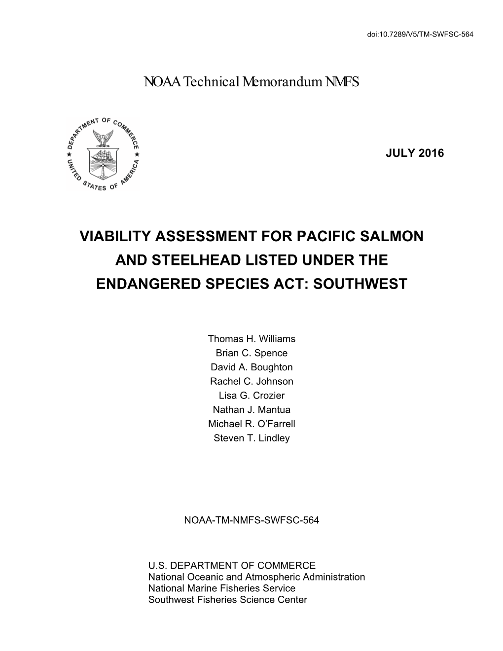 Viability Assessment for Pacific Salmon and Steelhead Listed Under the Endangered Species Act: Southwest