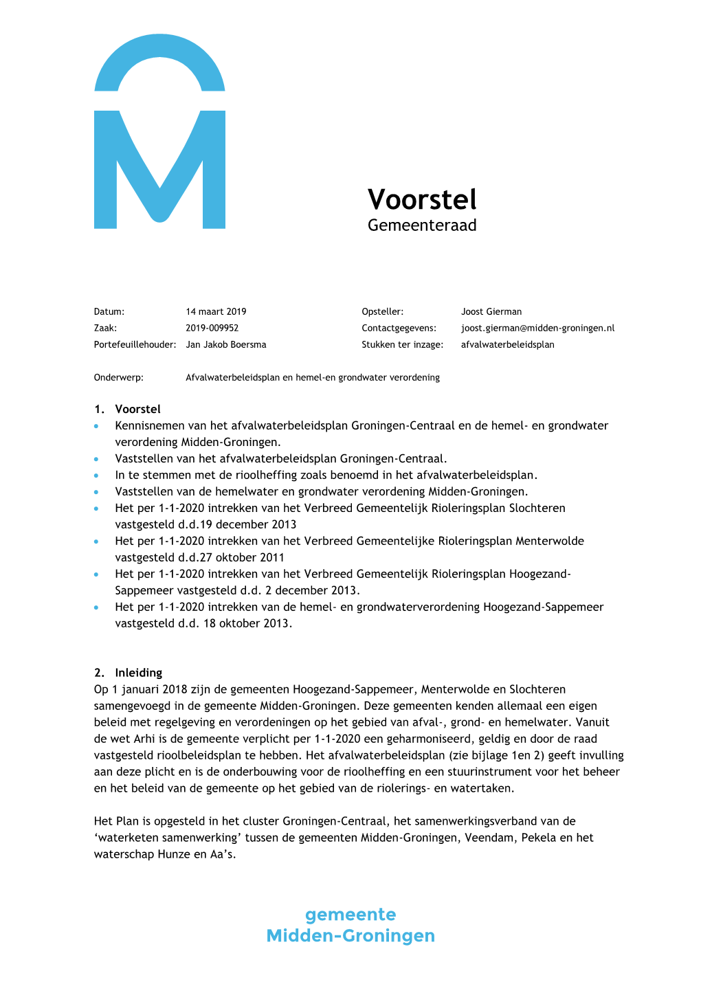 Voorstel Gemeenteraad