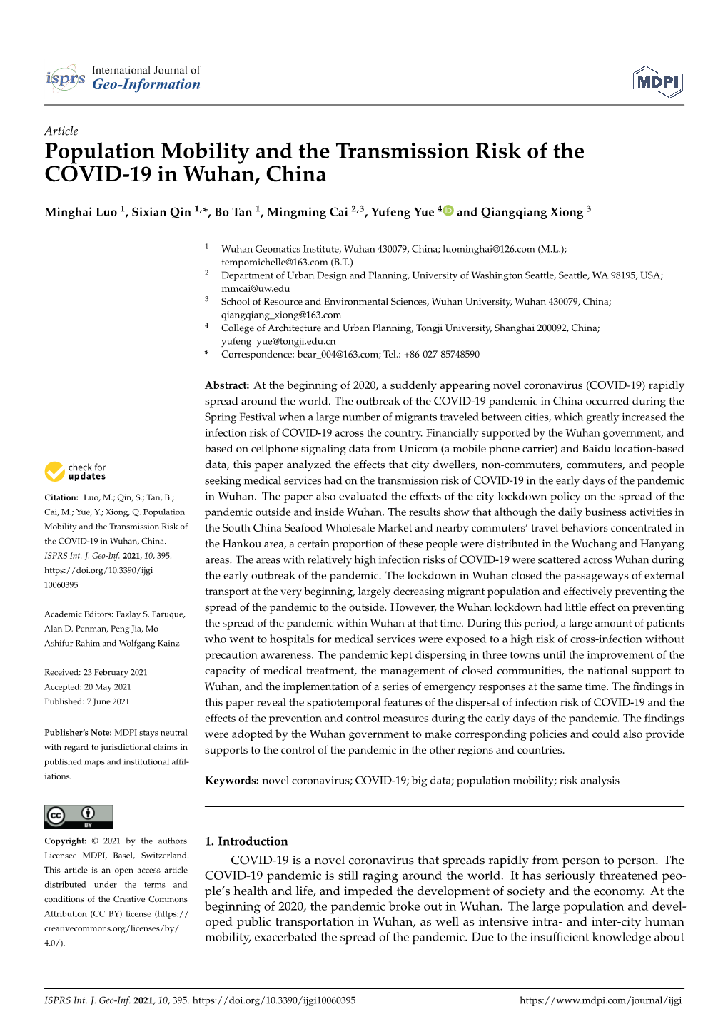 Population Mobility and the Transmission Risk of the COVID-19 in Wuhan, China