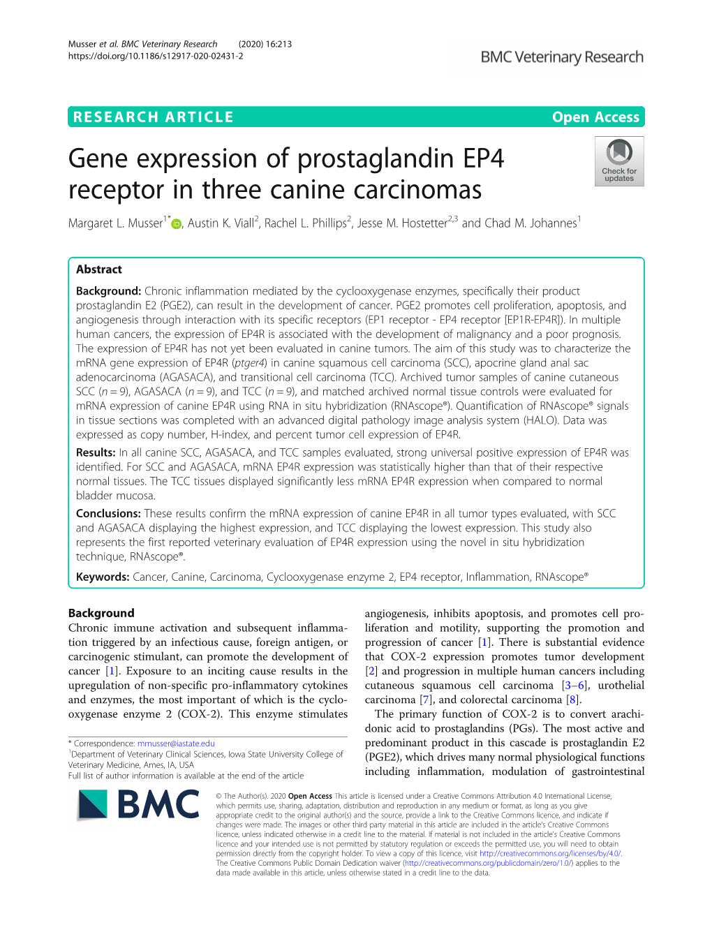 Gene Expression of Prostaglandin EP4 Receptor in Three Canine Carcinomas Margaret L