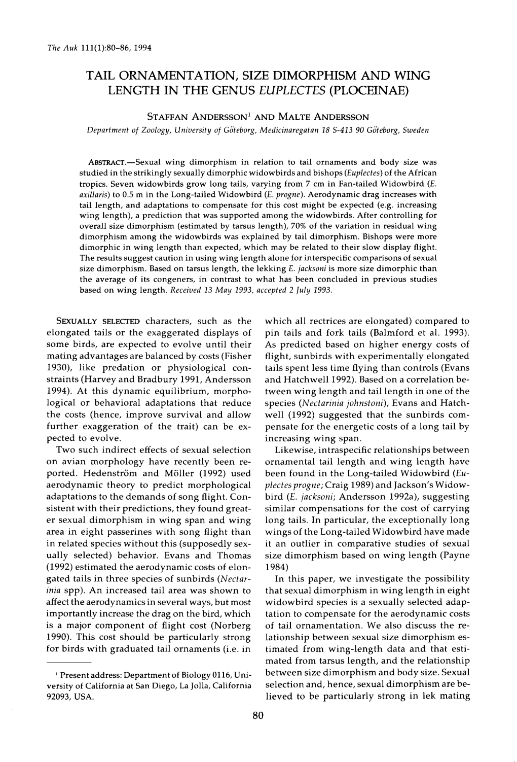 Tail Ornamentation, Size Dimorphism and Wing Length in the Genus Euplectes (Ploceinae)