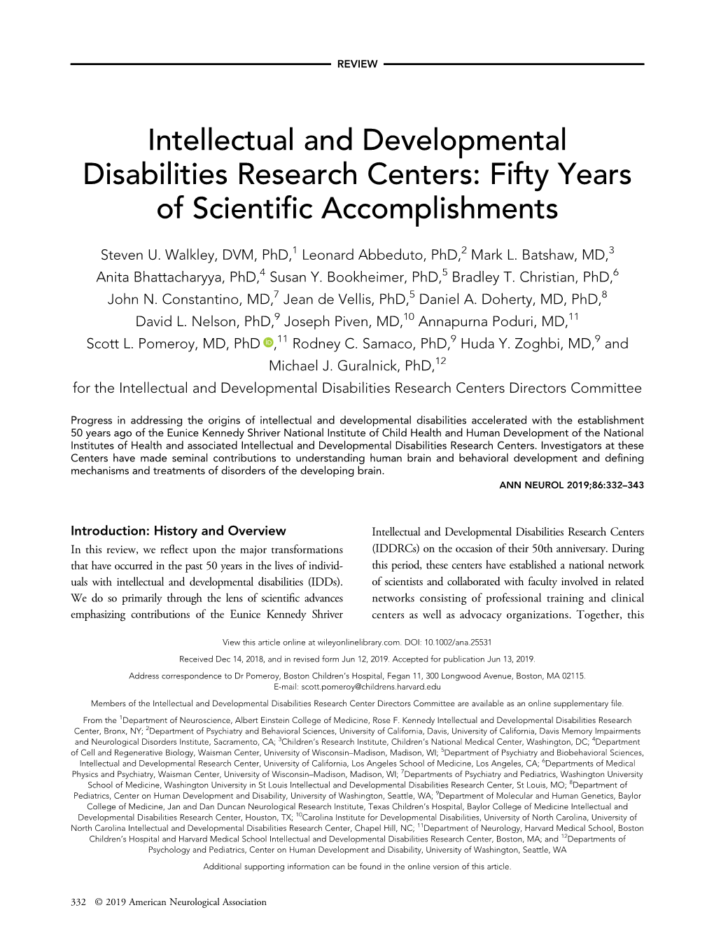 Intellectual and Developmental Disabilities Research Centers: Fifty Years of Scientiﬁc Accomplishments